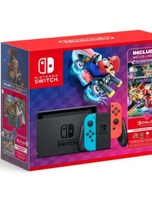 Consola Nintendo Switch | Incluye Juego Mario Kart 8 Deluxe + 3 Meses Suscripción Nintendo Online | 2 Joy-Con Neon, Rojo y Azul | 32GB de almacenamiento