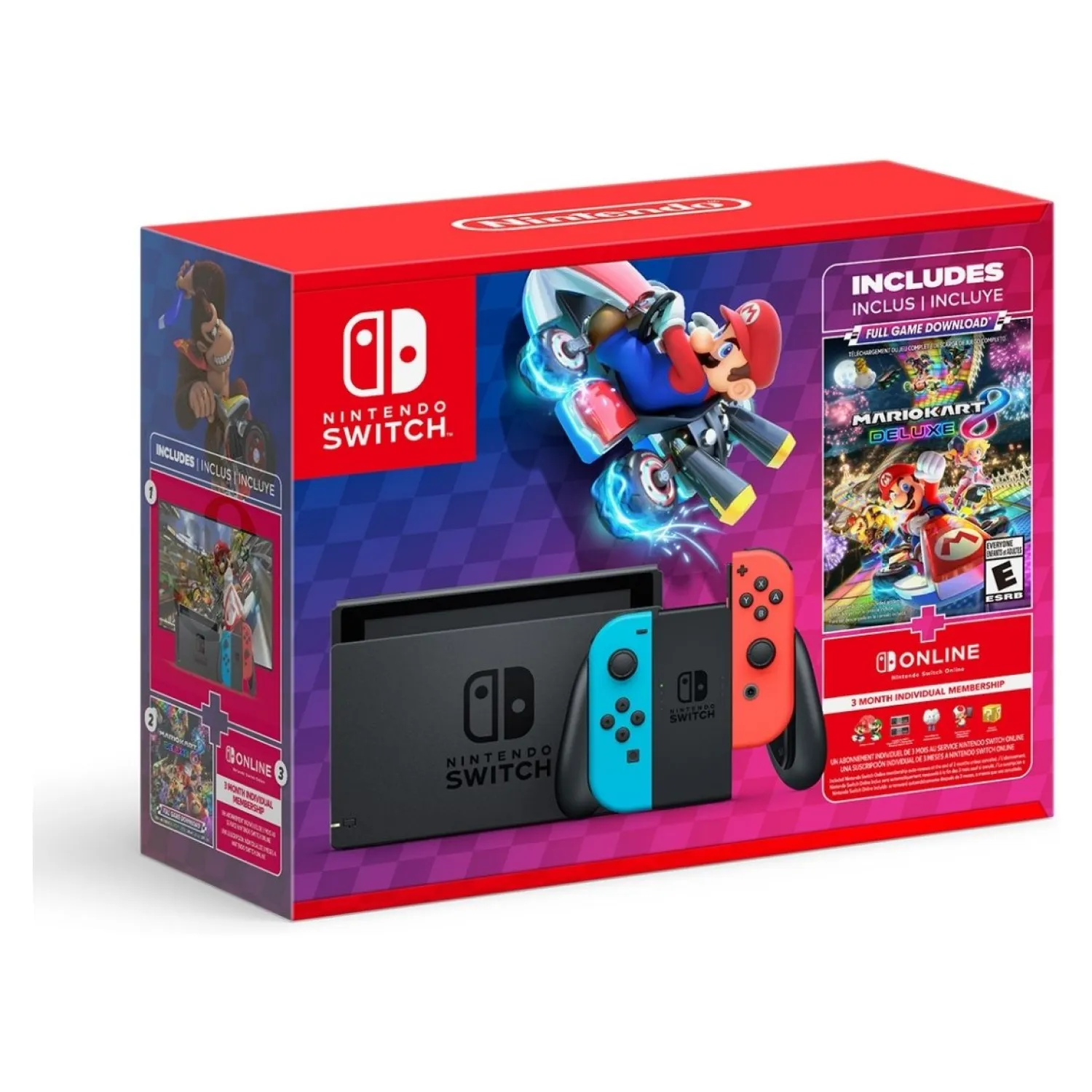 Consola Nintendo Switch | Incluye Juego Mario Kart 8 Deluxe + 3 Meses Suscripción Nintendo Online | 2 Joy-Con Neon, Rojo y Azul | 32GB de almacenamiento